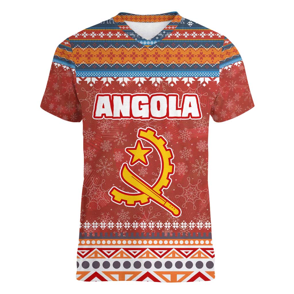 Angola Christmas Women V-Neck T-Shirt with Red Snowflake Pattern Tribal Santa Claus Motif - Wonder Print Shop