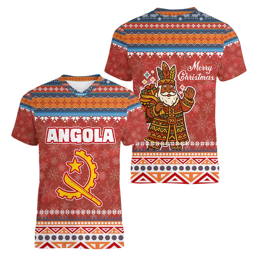 Angola Christmas Women V-Neck T-Shirt with Red Snowflake Pattern Tribal Santa Claus Motif - Wonder Print Shop