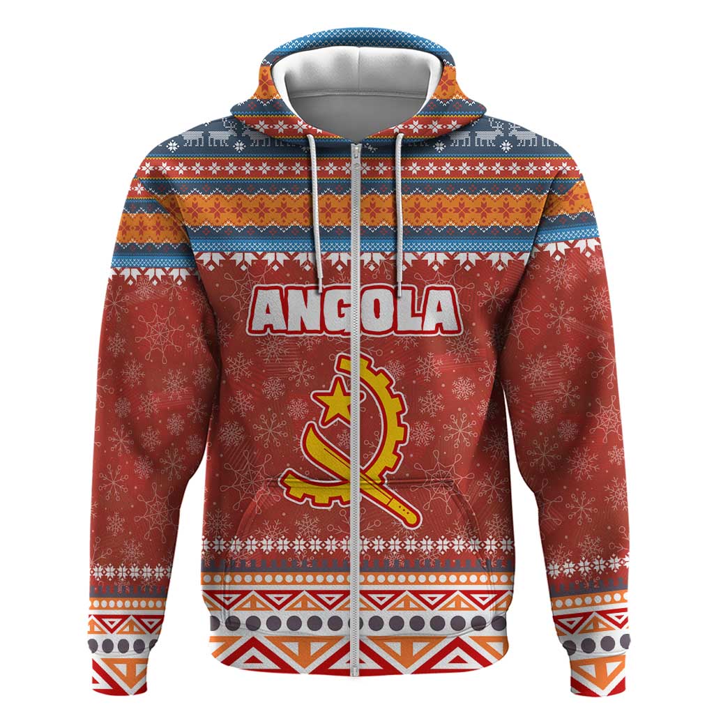 Angola Christmas Zip Hoodie with Red Snowflake Pattern Tribal Santa Claus Motif - Wonder Print Shop