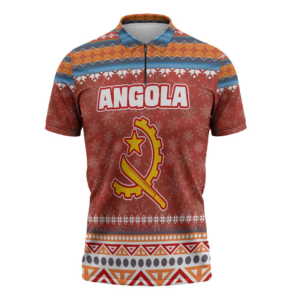 Angola Christmas Zipper Polo Shirt with Red Snowflake Pattern Tribal Santa Claus Motif - Wonder Print Shop