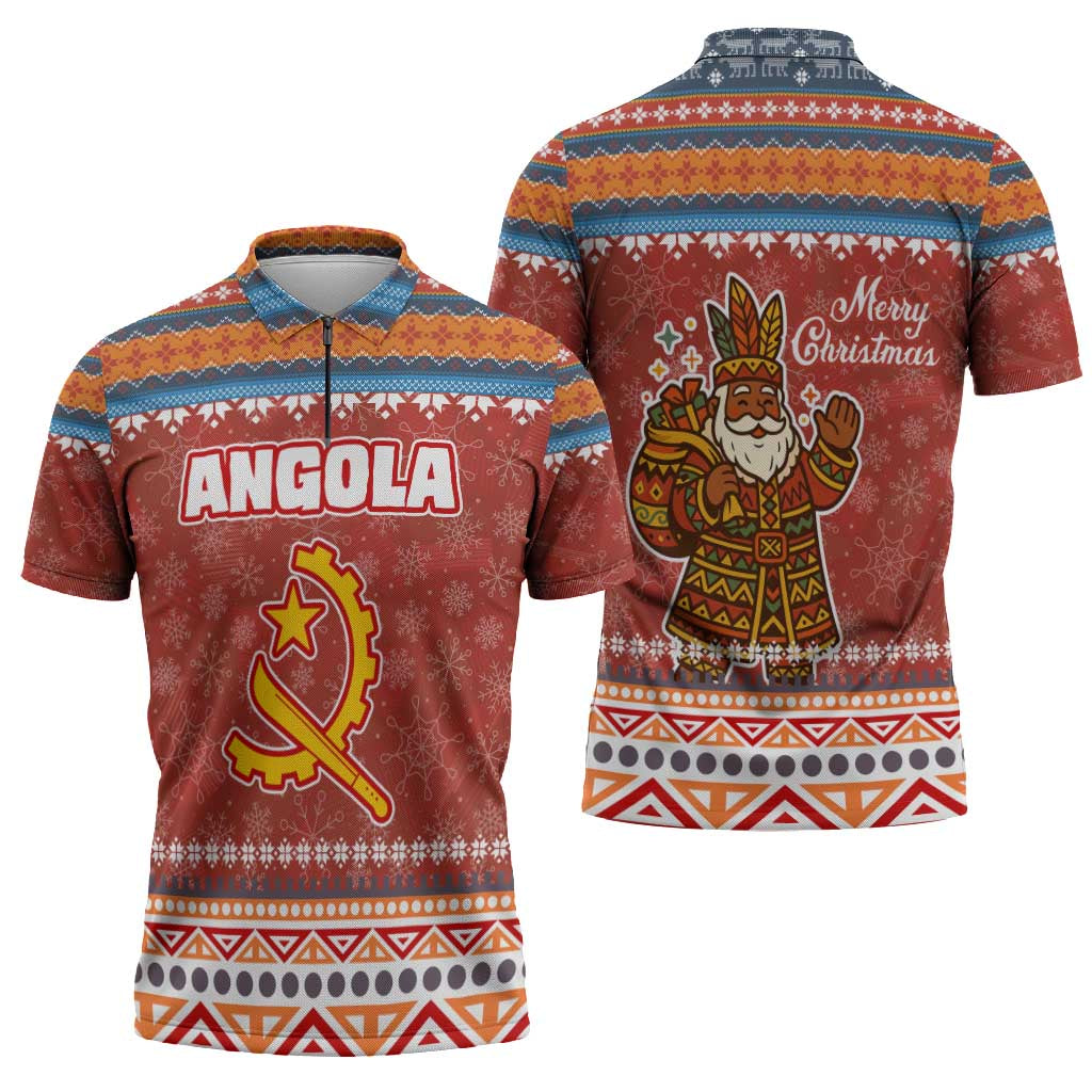 Angola Christmas Zipper Polo Shirt with Red Snowflake Pattern Tribal Santa Claus Motif - Wonder Print Shop