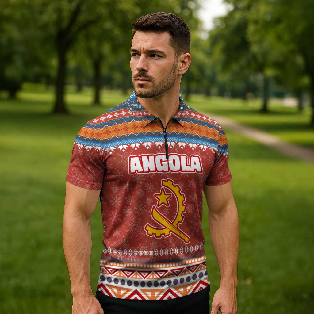 Angola Christmas Zipper Polo Shirt with Red Snowflake Pattern Tribal Santa Claus Motif - Wonder Print Shop