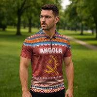 Angola Christmas Zipper Polo Shirt with Red Snowflake Pattern Tribal Santa Claus Motif - Wonder Print Shop