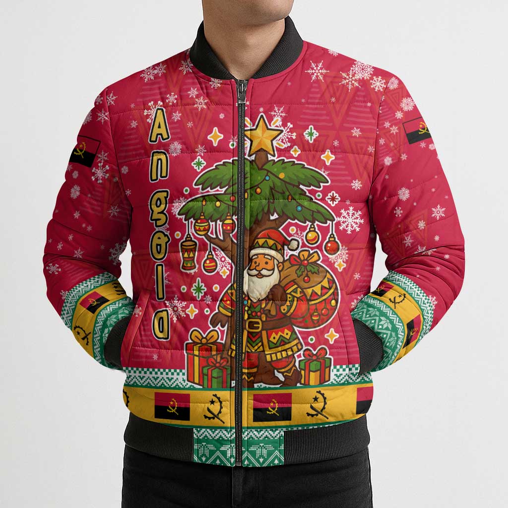 Angola Christmas Bomber Puffer Jacket with Santa, Gifts, and National Flag Map Motif - Wonder Print Shop