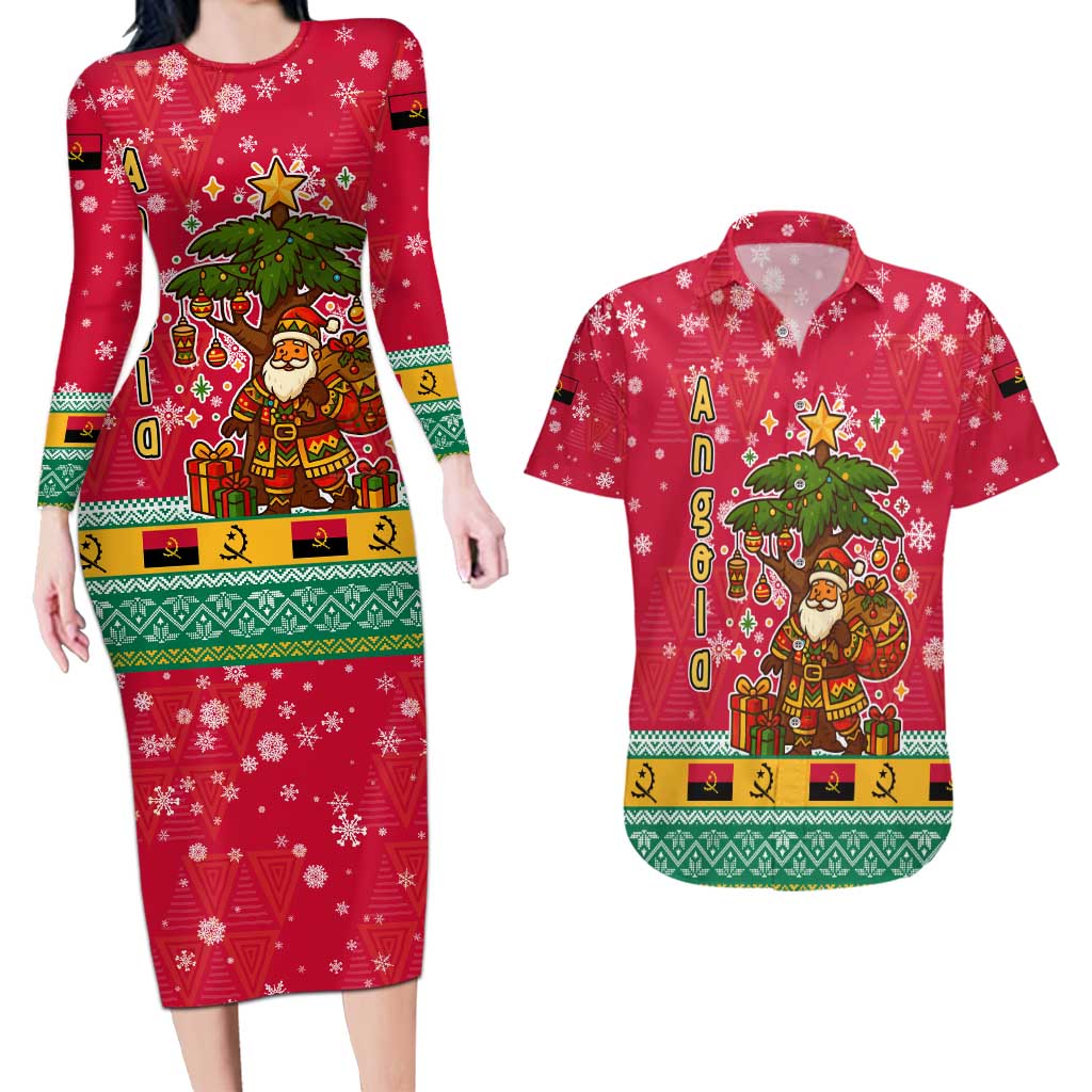 Angola Christmas Couples Matching Long Sleeve Bodycon Dress and Hawaiian Shirt with Santa, Gifts, and National Flag Map Motif - Wonder Print Shop