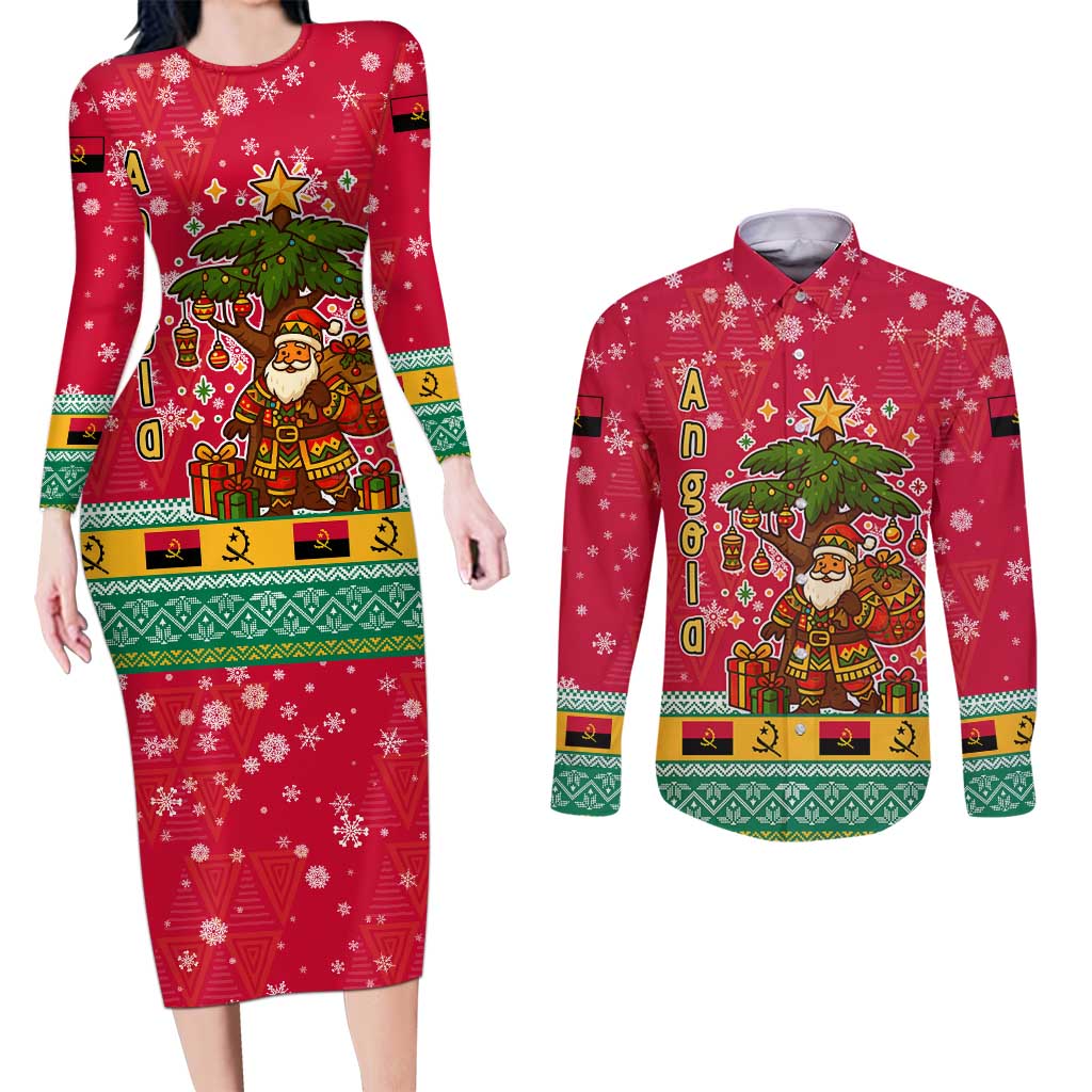 Angola Christmas Couples Matching Long Sleeve Bodycon Dress and Long Sleeve Button Shirt with Santa, Gifts, and National Flag Map Motif - Wonder Print Shop