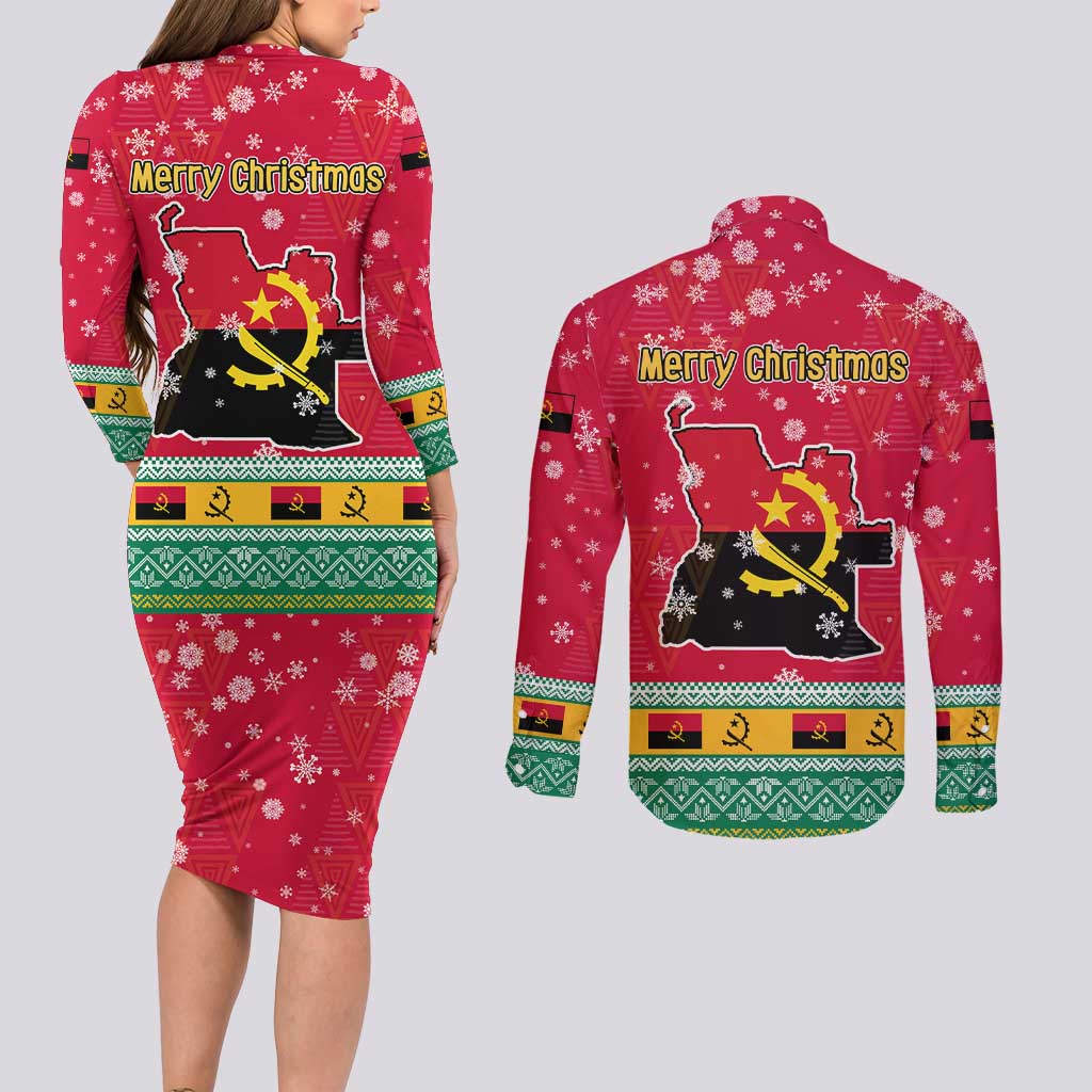 Angola Christmas Couples Matching Long Sleeve Bodycon Dress and Long Sleeve Button Shirt with Santa, Gifts, and National Flag Map Motif - Wonder Print Shop
