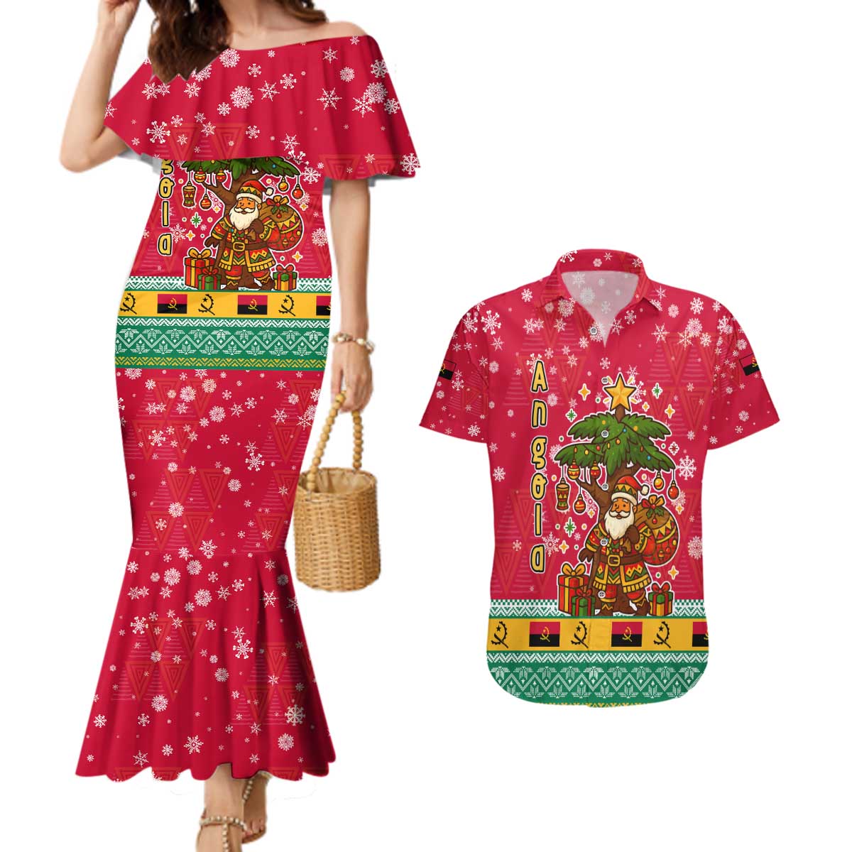 Angola Christmas Couples Matching Mermaid Dress and Hawaiian Shirt with Santa, Gifts, and National Flag Map Motif - Wonder Print Shop