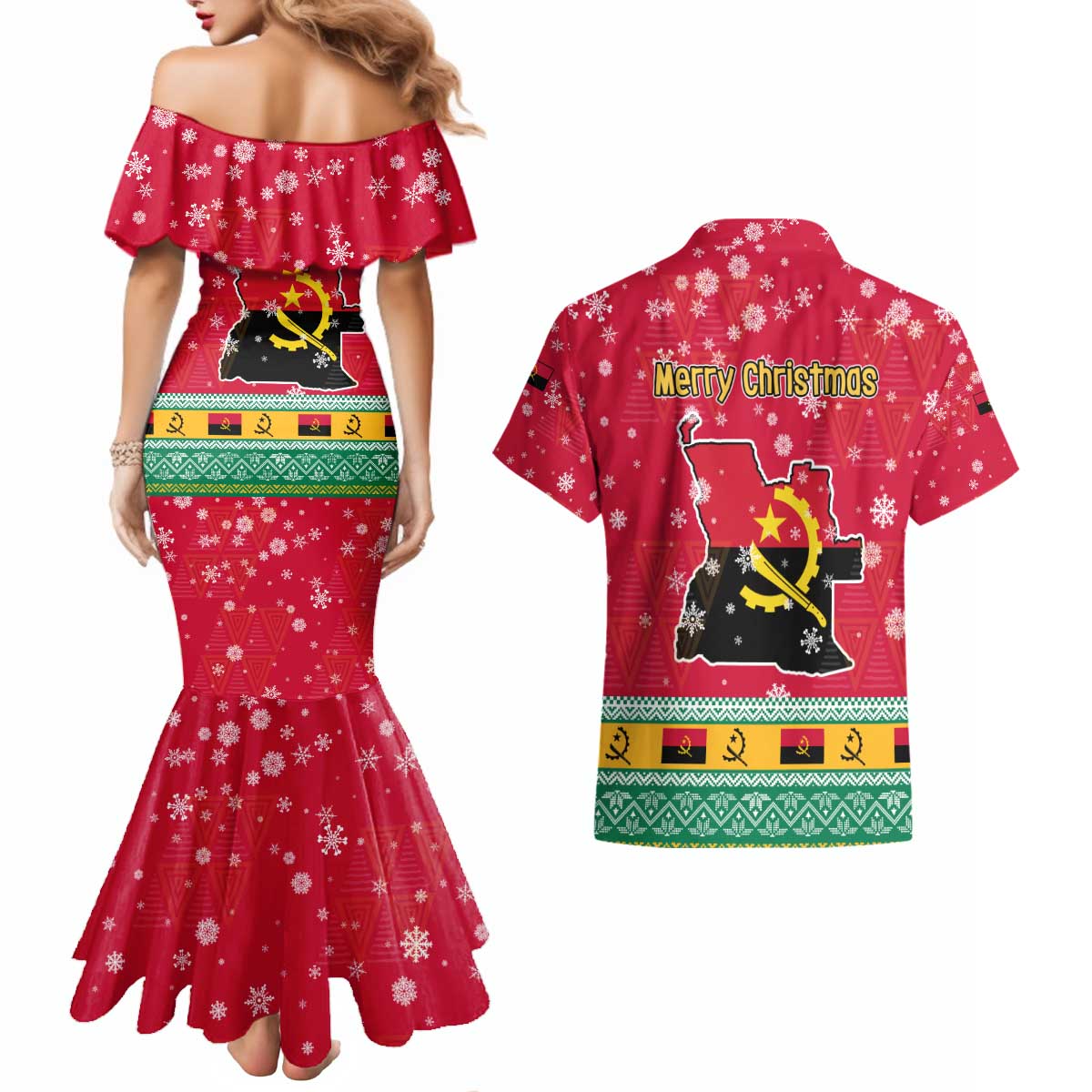Angola Christmas Couples Matching Mermaid Dress and Hawaiian Shirt with Santa, Gifts, and National Flag Map Motif - Wonder Print Shop