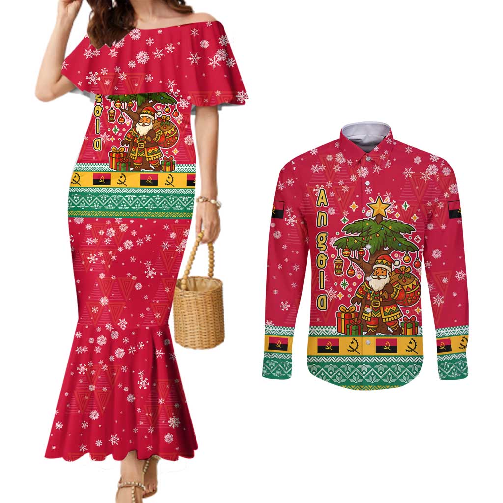 Angola Christmas Couples Matching Mermaid Dress and Long Sleeve Button Shirt with Santa, Gifts, and National Flag Map Motif - Wonder Print Shop