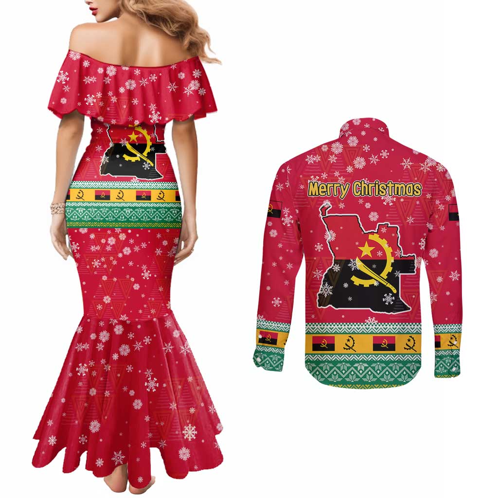Angola Christmas Couples Matching Mermaid Dress and Long Sleeve Button Shirt with Santa, Gifts, and National Flag Map Motif - Wonder Print Shop