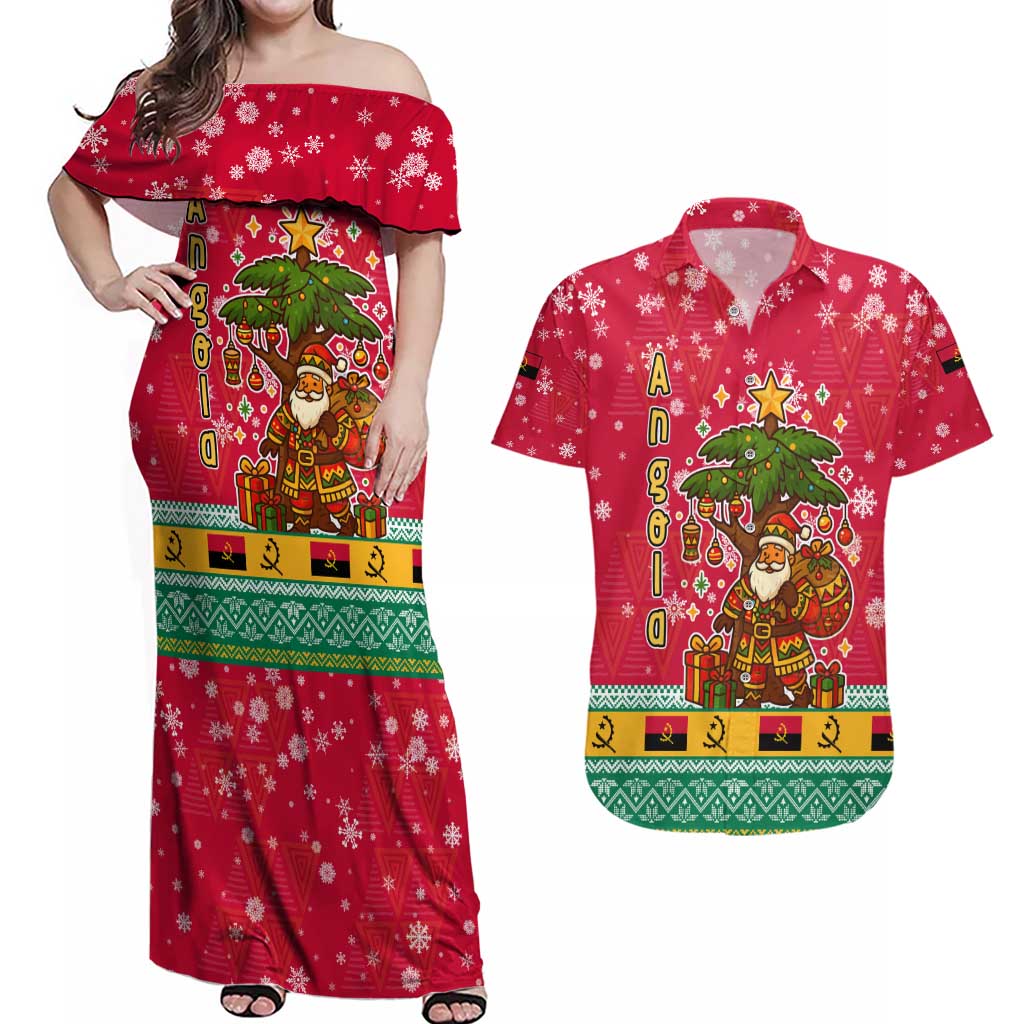 Angola Christmas Couples Matching Off Shoulder Maxi Dress and Hawaiian Shirt with Santa, Gifts, and National Flag Map Motif - Wonder Print Shop