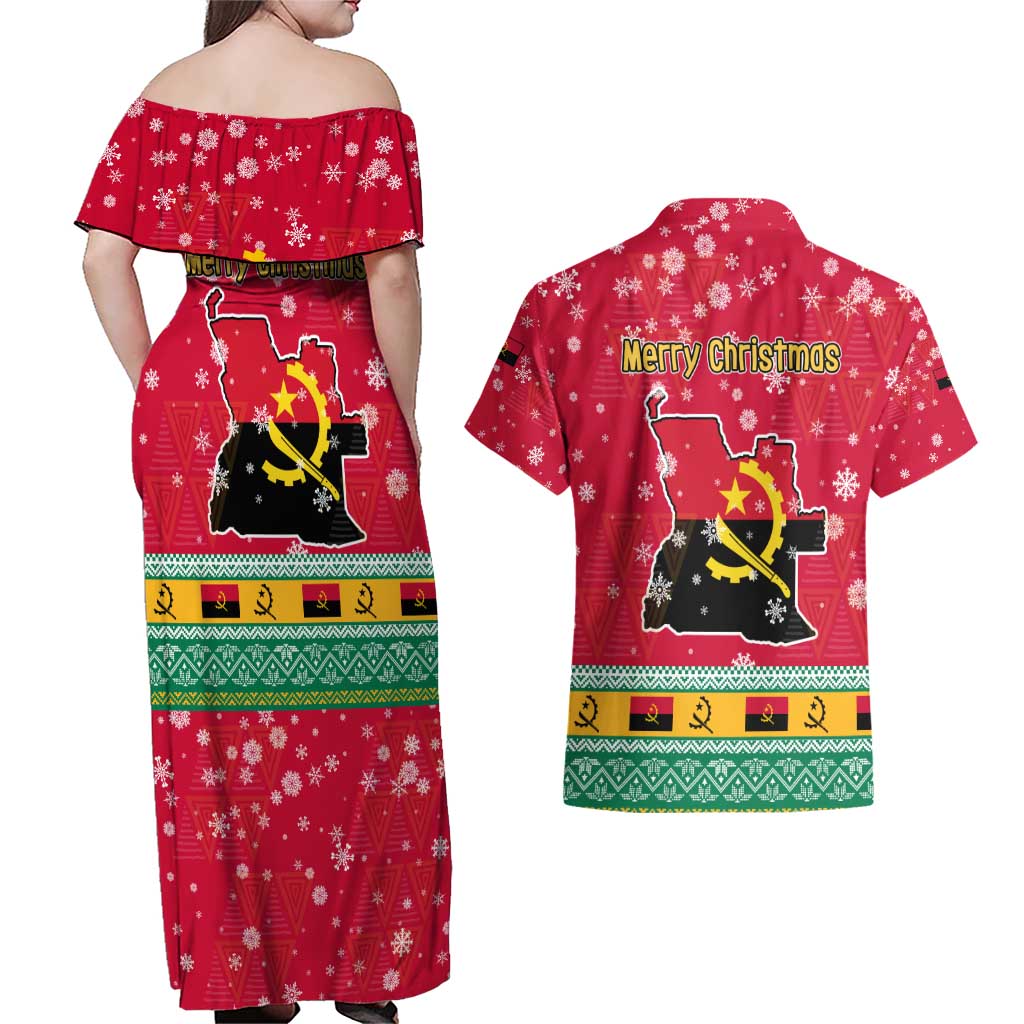 Angola Christmas Couples Matching Off Shoulder Maxi Dress and Hawaiian Shirt with Santa, Gifts, and National Flag Map Motif - Wonder Print Shop