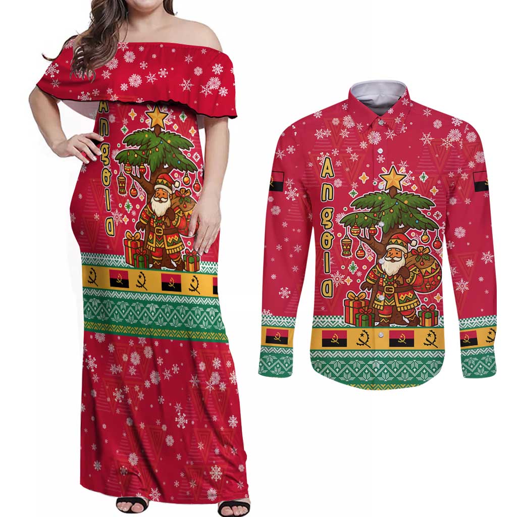 Angola Christmas Couples Matching Off Shoulder Maxi Dress and Long Sleeve Button Shirt with Santa, Gifts, and National Flag Map Motif - Wonder Print Shop