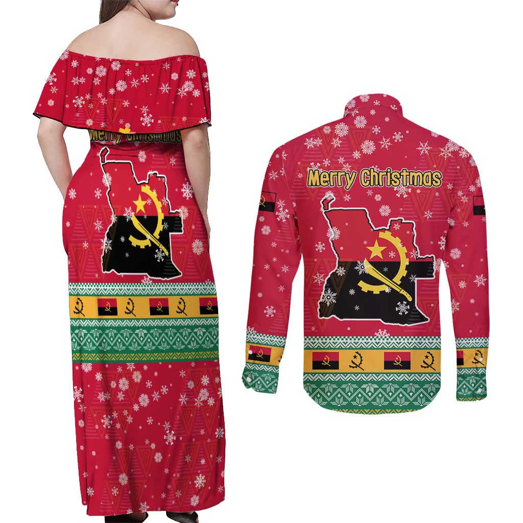 Angola Christmas Couples Matching Off Shoulder Maxi Dress and Long Sleeve Button Shirt with Santa, Gifts, and National Flag Map Motif - Wonder Print Shop