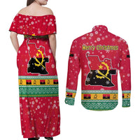 Angola Christmas Couples Matching Off Shoulder Maxi Dress and Long Sleeve Button Shirt with Santa, Gifts, and National Flag Map Motif - Wonder Print Shop