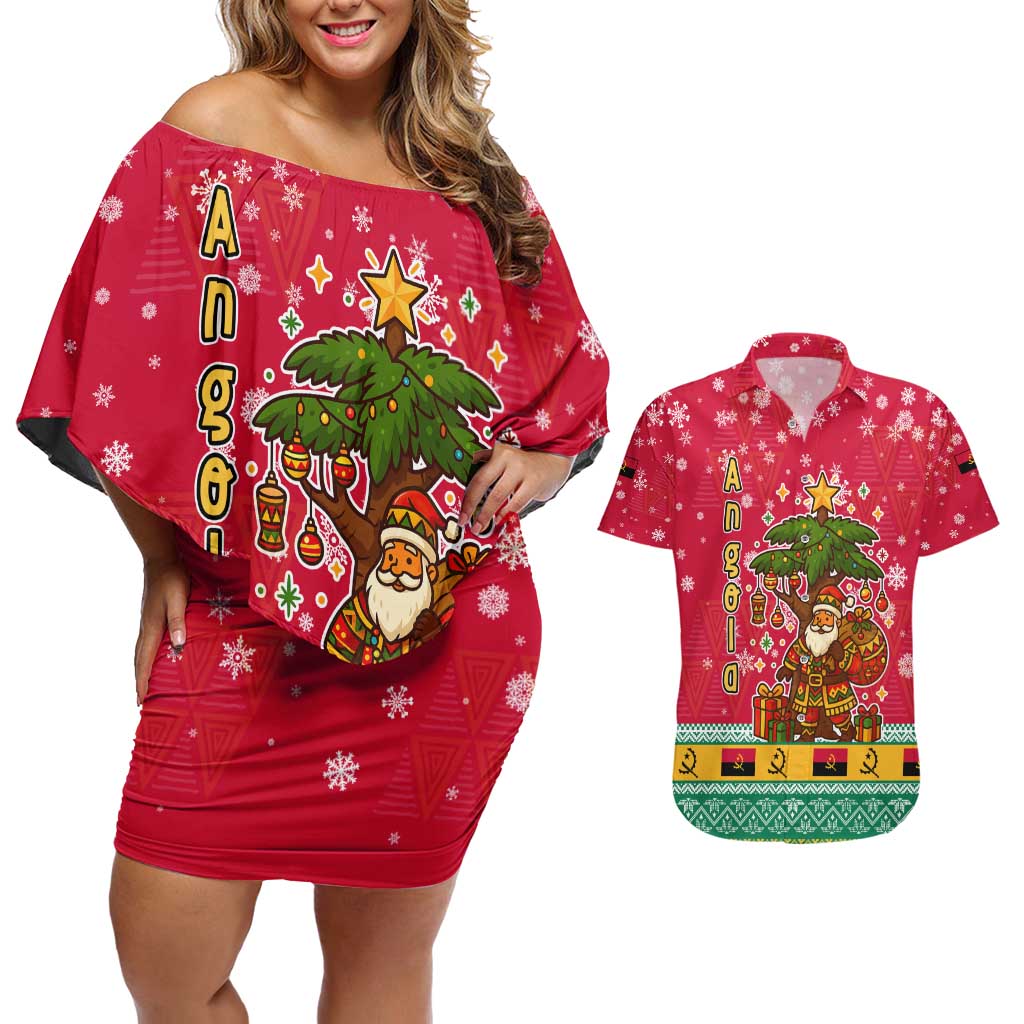 Angola Christmas Couples Matching Off Shoulder Short Dress and Hawaiian Shirt with Santa, Gifts, and National Flag Map Motif - Wonder Print Shop