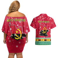 Angola Christmas Couples Matching Off Shoulder Short Dress and Hawaiian Shirt with Santa, Gifts, and National Flag Map Motif - Wonder Print Shop