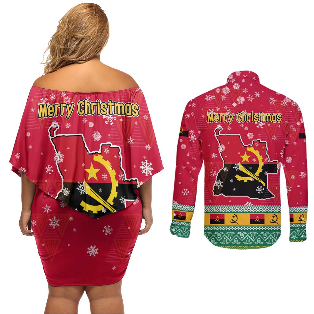 Angola Christmas Couples Matching Off Shoulder Short Dress and Long Sleeve Button Shirt with Santa, Gifts, and National Flag Map Motif - Wonder Print Shop