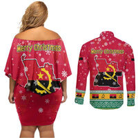 Angola Christmas Couples Matching Off Shoulder Short Dress and Long Sleeve Button Shirt with Santa, Gifts, and National Flag Map Motif - Wonder Print Shop