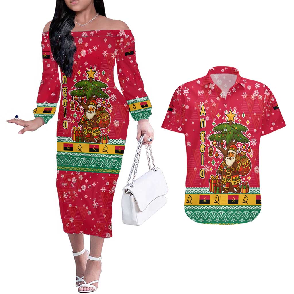 Angola Christmas Couples Matching Off The Shoulder Long Sleeve Dress and Hawaiian Shirt with Santa, Gifts, and National Flag Map Motif - Wonder Print Shop