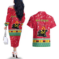 Angola Christmas Couples Matching Off The Shoulder Long Sleeve Dress and Hawaiian Shirt with Santa, Gifts, and National Flag Map Motif - Wonder Print Shop