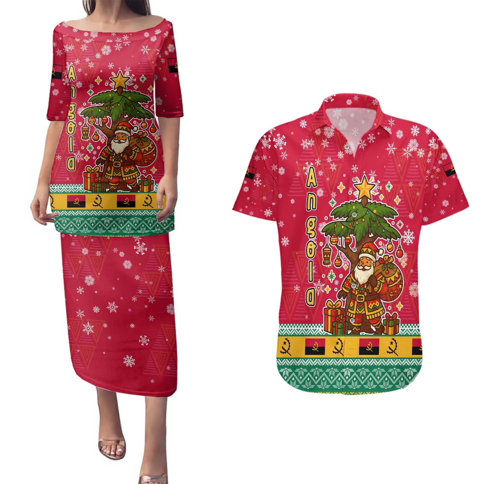 Angola Christmas Couples Matching Puletasi and Hawaiian Shirt with Santa, Gifts, and National Flag Map Motif - Wonder Print Shop