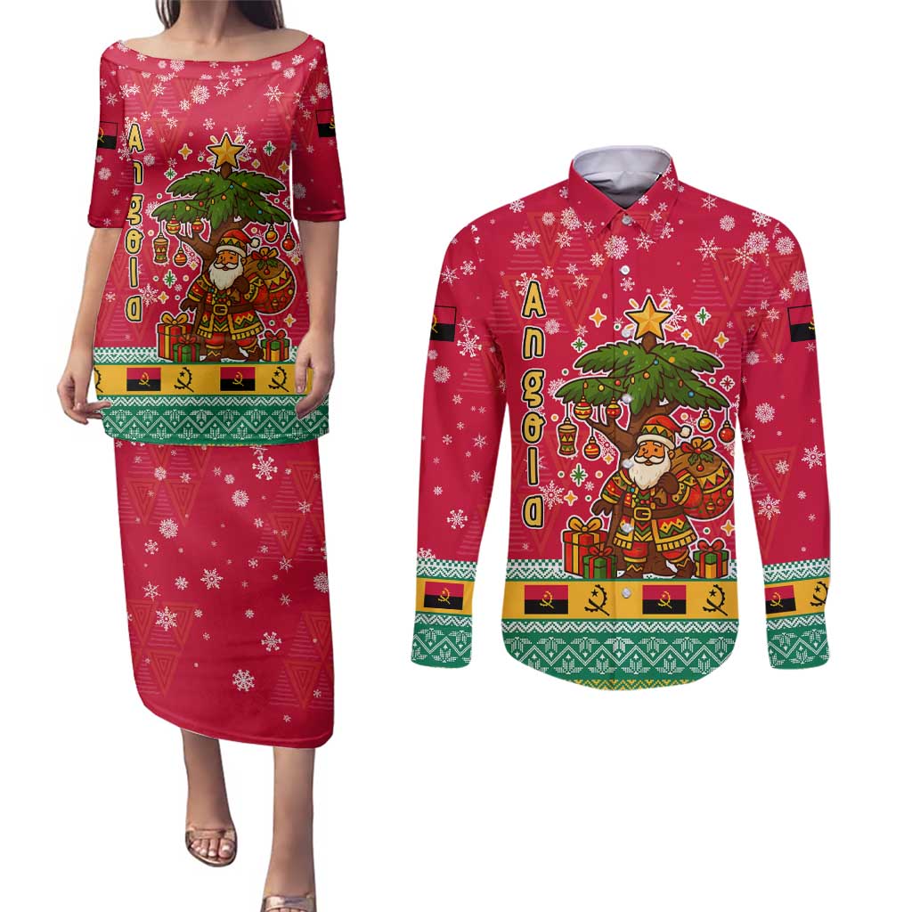 Angola Christmas Couples Matching Puletasi and Long Sleeve Button Shirt with Santa, Gifts, and National Flag Map Motif - Wonder Print Shop