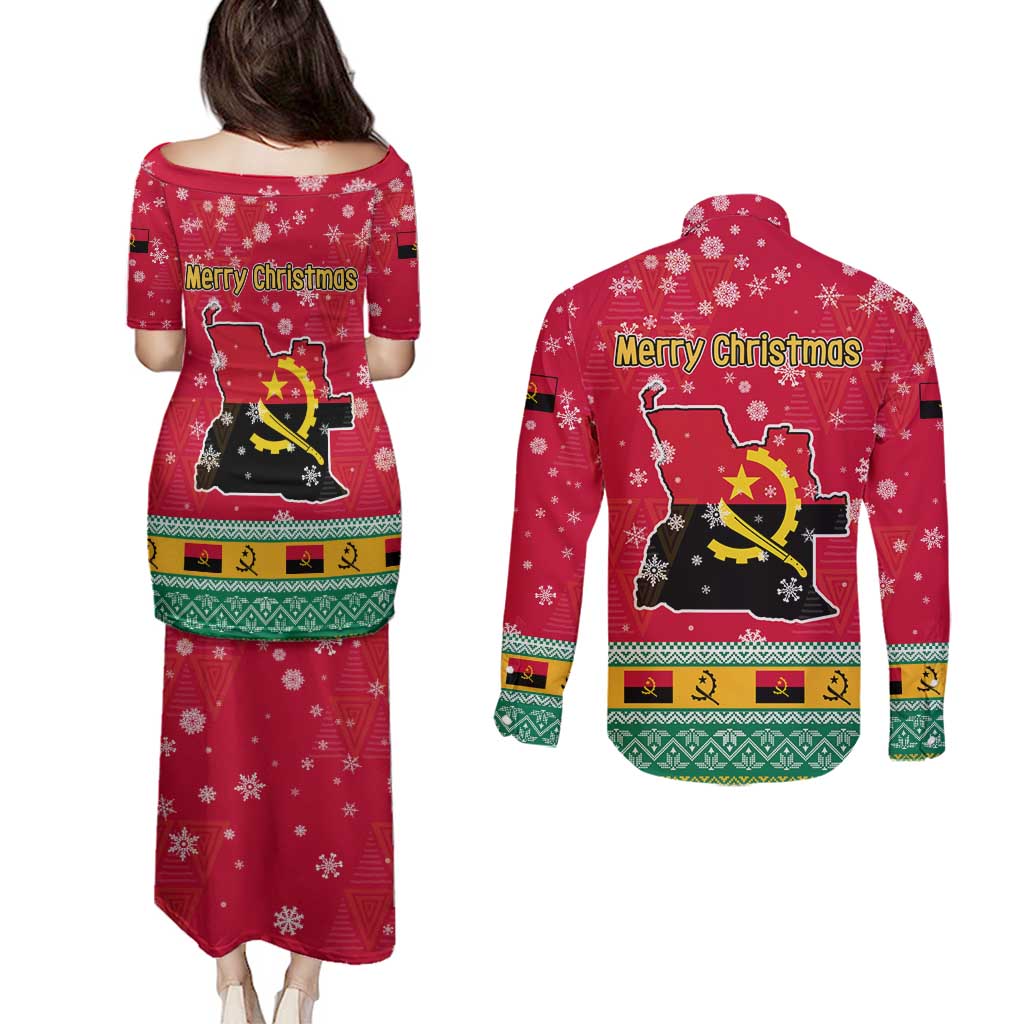 Angola Christmas Couples Matching Puletasi and Long Sleeve Button Shirt with Santa, Gifts, and National Flag Map Motif - Wonder Print Shop