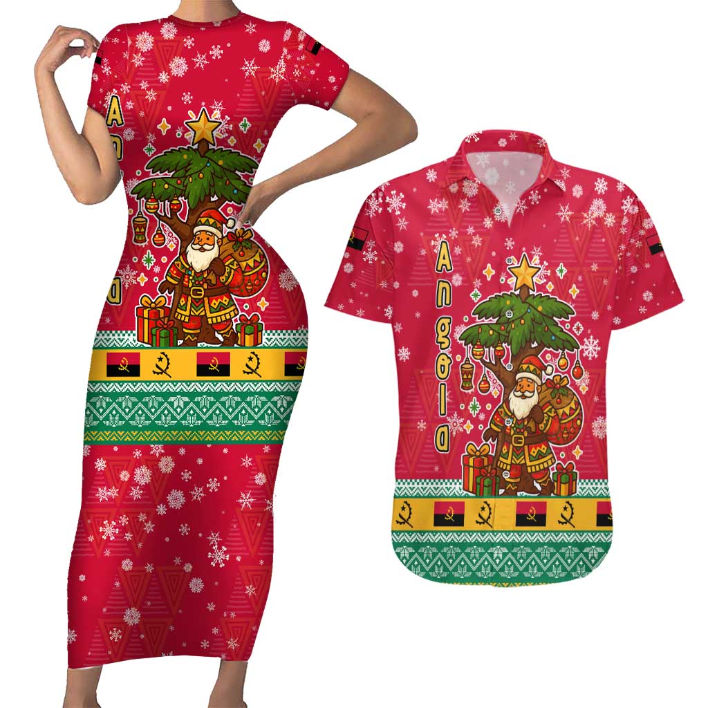 Angola Christmas Couples Matching Short Sleeve Bodycon Dress and Hawaiian Shirt with Santa, Gifts, and National Flag Map Motif - Wonder Print Shop