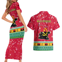 Angola Christmas Couples Matching Short Sleeve Bodycon Dress and Hawaiian Shirt with Santa, Gifts, and National Flag Map Motif - Wonder Print Shop