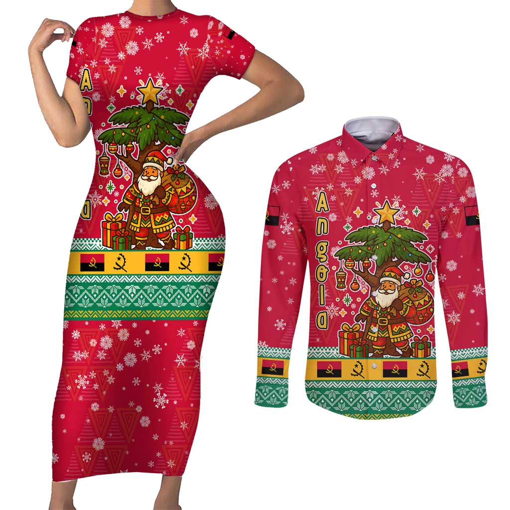 Angola Christmas Couples Matching Short Sleeve Bodycon Dress and Long Sleeve Button Shirt with Santa, Gifts, and National Flag Map Motif - Wonder Print Shop