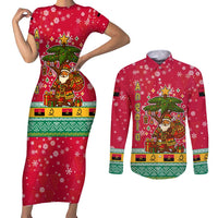 Angola Christmas Couples Matching Short Sleeve Bodycon Dress and Long Sleeve Button Shirt with Santa, Gifts, and National Flag Map Motif - Wonder Print Shop