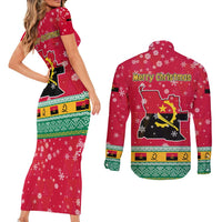 Angola Christmas Couples Matching Short Sleeve Bodycon Dress and Long Sleeve Button Shirt with Santa, Gifts, and National Flag Map Motif - Wonder Print Shop