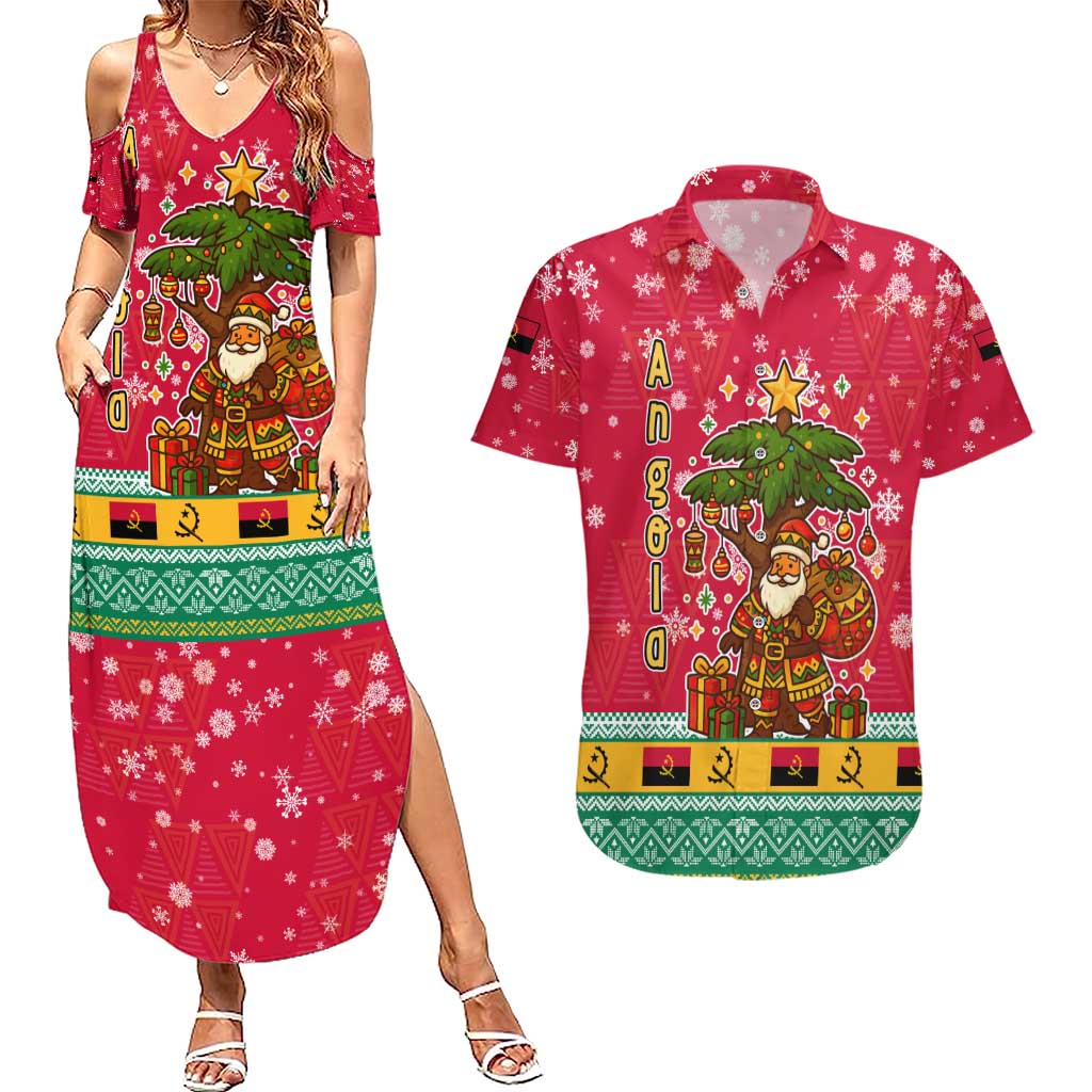 Angola Christmas Couples Matching Summer Maxi Dress and Hawaiian Shirt with Santa, Gifts, and National Flag Map Motif - Wonder Print Shop