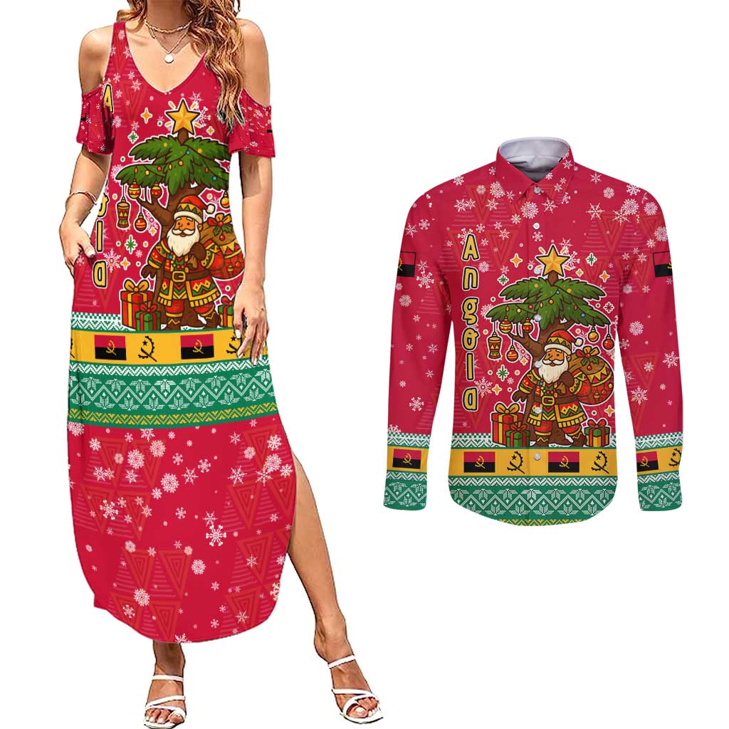 Angola Christmas Couples Matching Summer Maxi Dress and Long Sleeve Button Shirt with Santa, Gifts, and National Flag Map Motif - Wonder Print Shop