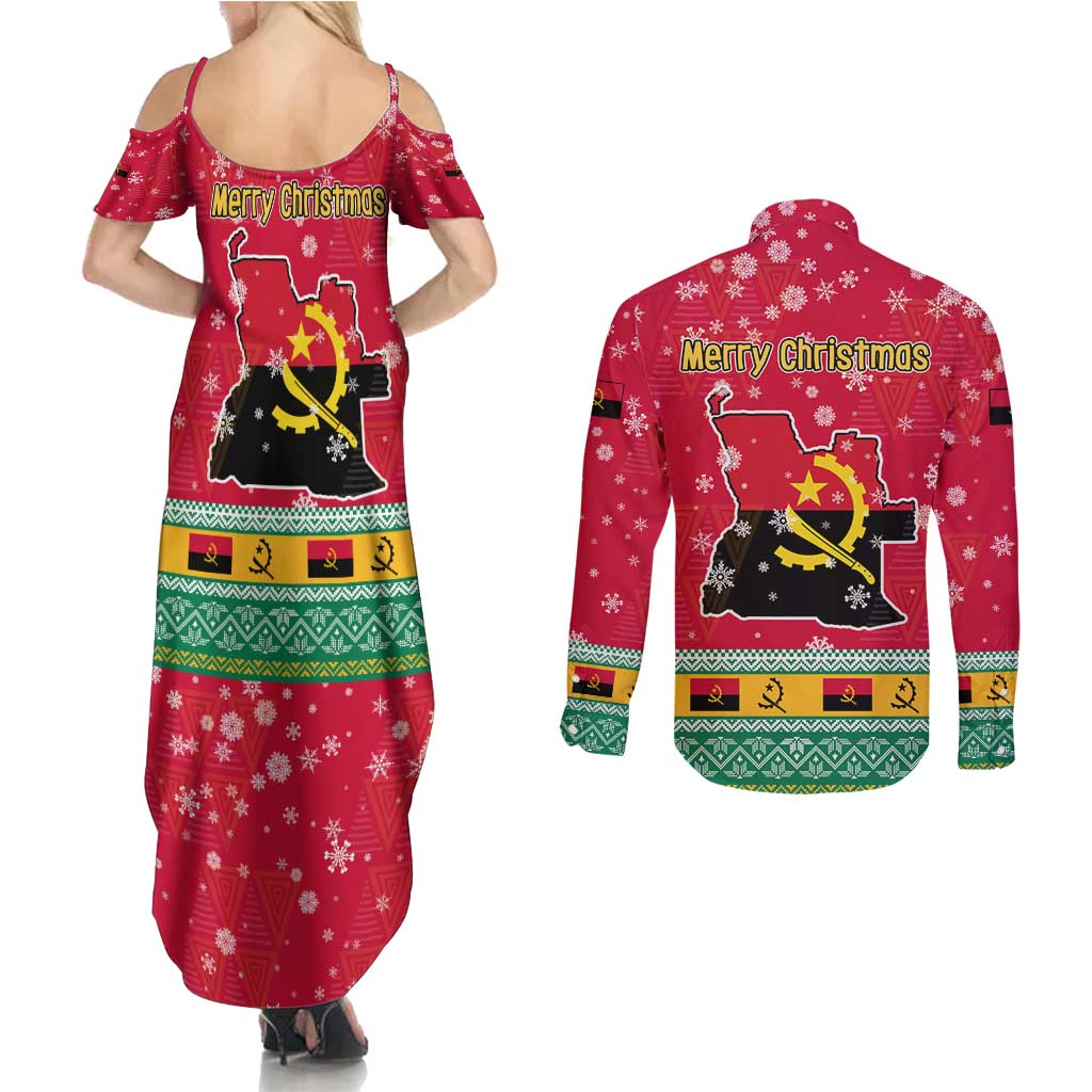 Angola Christmas Couples Matching Summer Maxi Dress and Long Sleeve Button Shirt with Santa, Gifts, and National Flag Map Motif - Wonder Print Shop