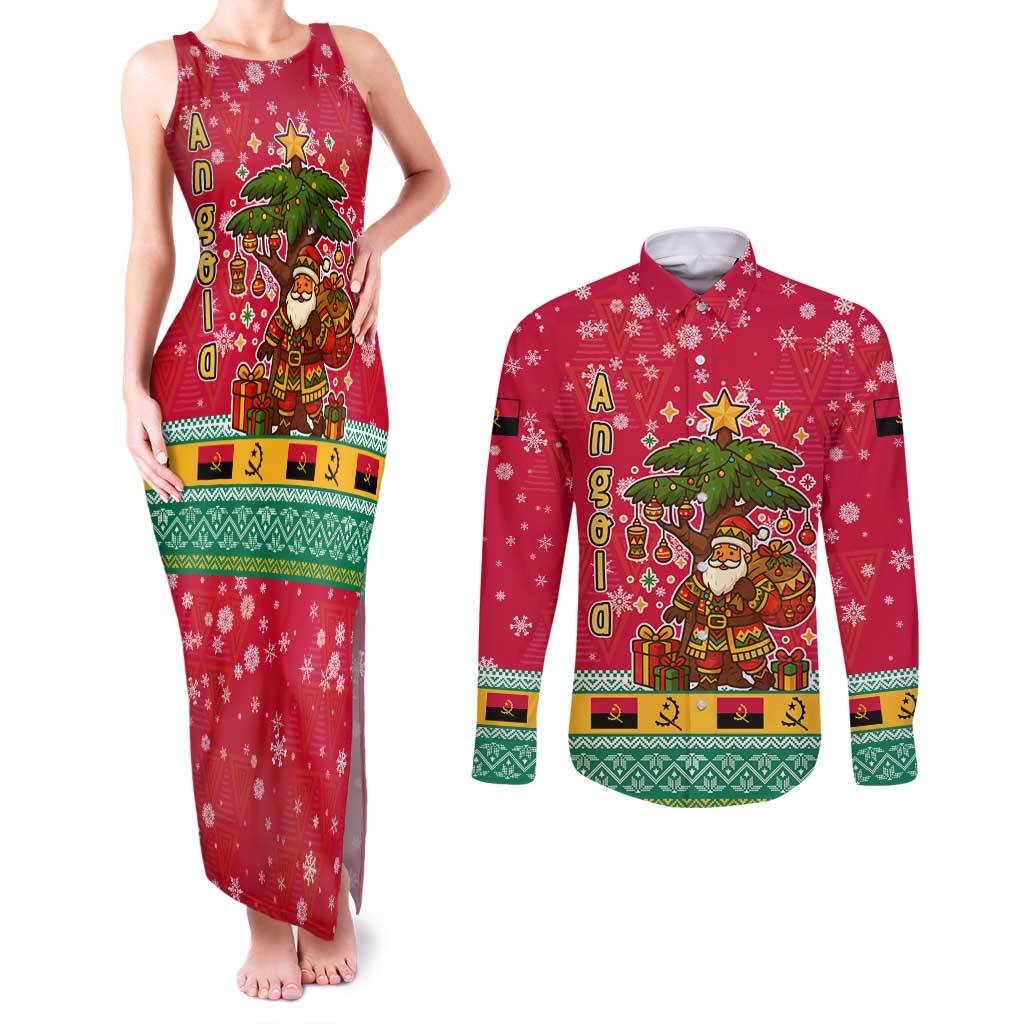 Angola Christmas Couples Matching Tank Maxi Dress and Long Sleeve Button Shirt with Santa, Gifts, and National Flag Map Motif - Wonder Print Shop