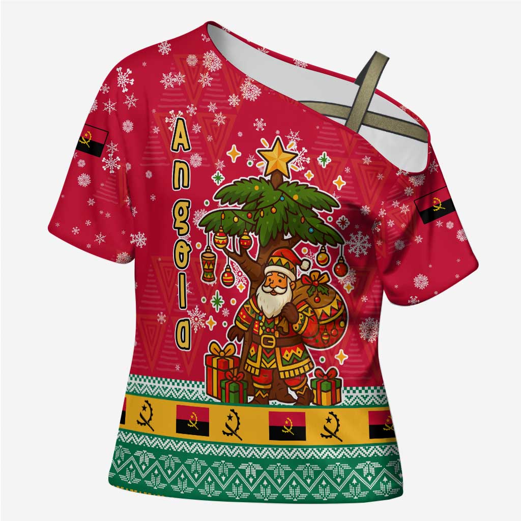 Angola Christmas Cross Shoulder Shirt with Santa, Gifts, and National Flag Map Motif - Wonder Print Shop