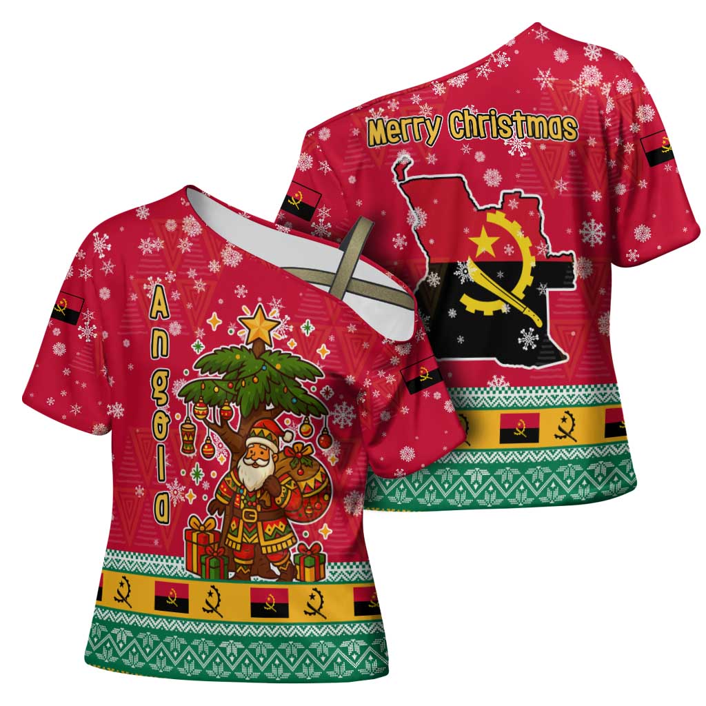 Angola Christmas Cross Shoulder Shirt with Santa, Gifts, and National Flag Map Motif - Wonder Print Shop
