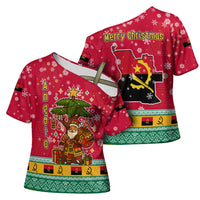 Angola Christmas Cross Shoulder Shirt with Santa, Gifts, and National Flag Map Motif - Wonder Print Shop