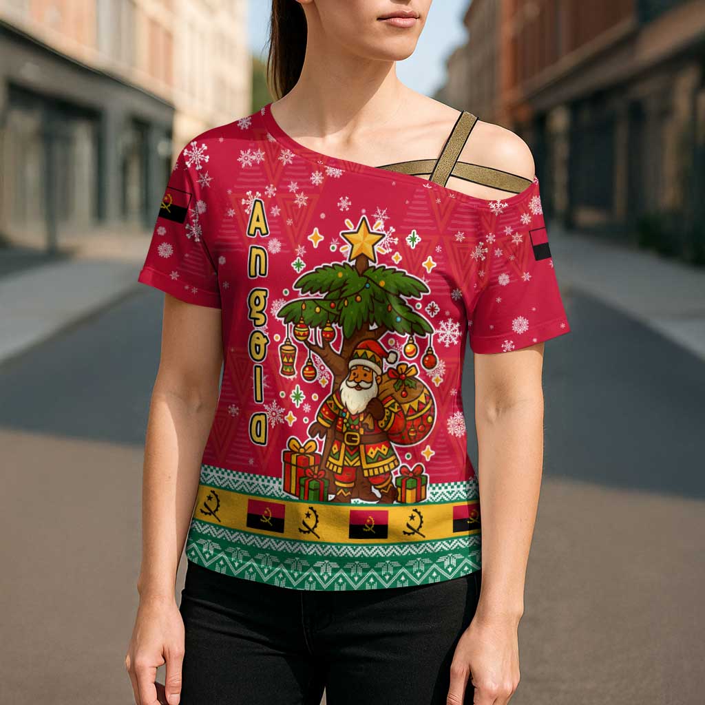 Angola Christmas Cross Shoulder Shirt with Santa, Gifts, and National Flag Map Motif - Wonder Print Shop