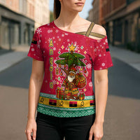 Angola Christmas Cross Shoulder Shirt with Santa, Gifts, and National Flag Map Motif - Wonder Print Shop