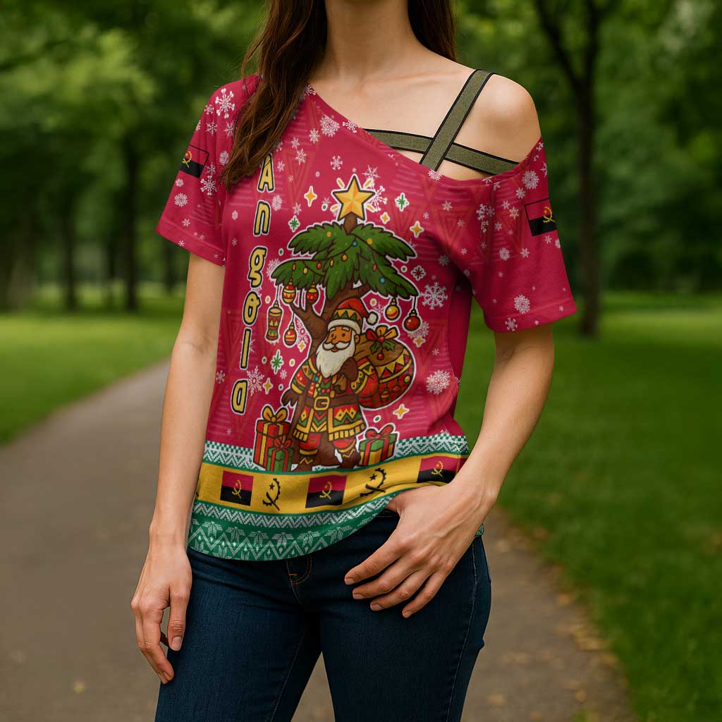 Angola Christmas Cross Shoulder Shirt with Santa, Gifts, and National Flag Map Motif - Wonder Print Shop