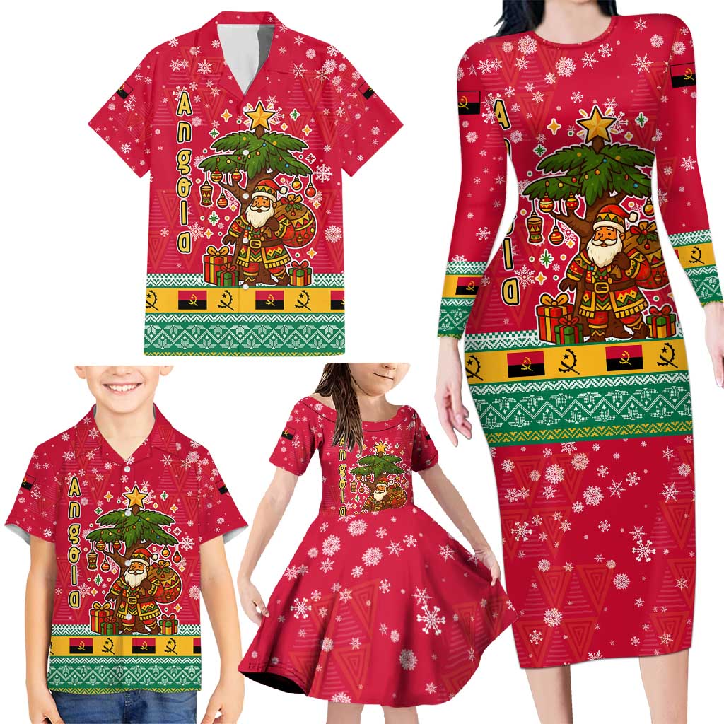 Angola Christmas Family Matching Long Sleeve Bodycon Dress and Hawaiian Shirt with Santa, Gifts, and National Flag Map Motif - Wonder Print Shop