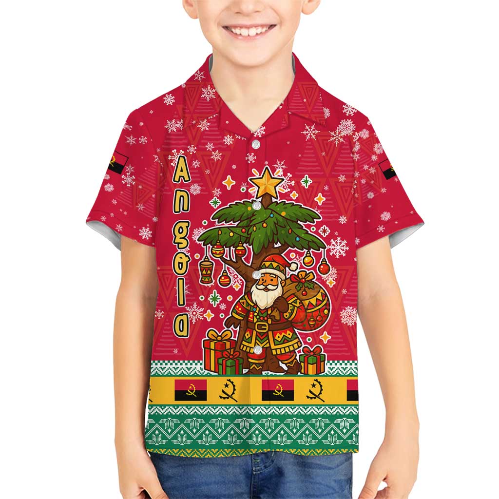 Angola Christmas Family Matching Long Sleeve Bodycon Dress and Hawaiian Shirt with Santa, Gifts, and National Flag Map Motif - Wonder Print Shop