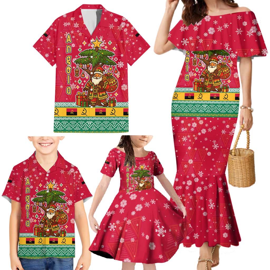 Angola Christmas Family Matching Mermaid Dress and Hawaiian Shirt with Santa, Gifts, and National Flag Map Motif - Wonder Print Shop