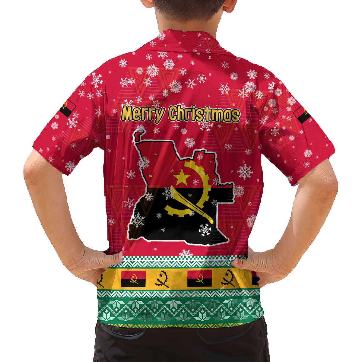 Angola Christmas Family Matching Off The Shoulder Long Sleeve Dress and Hawaiian Shirt with Santa, Gifts, and National Flag Map Motif - Wonder Print Shop