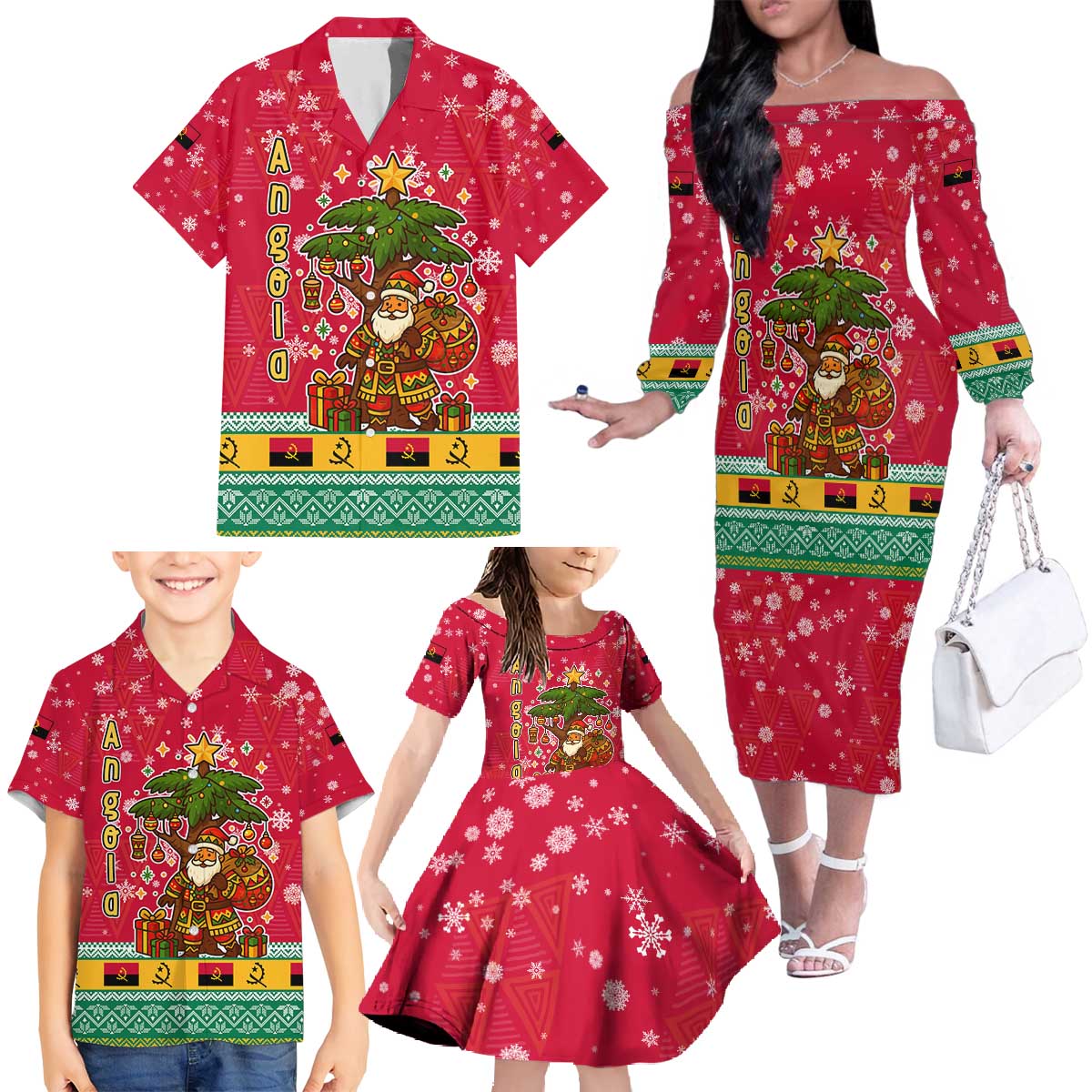 Angola Christmas Family Matching Off The Shoulder Long Sleeve Dress and Hawaiian Shirt with Santa, Gifts, and National Flag Map Motif - Wonder Print Shop