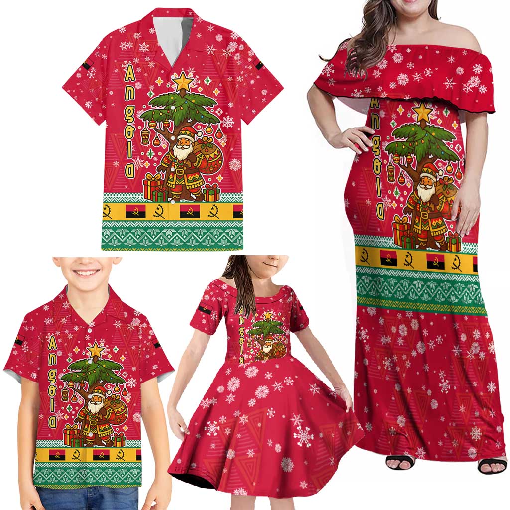 Angola Christmas Family Matching Off Shoulder Maxi Dress and Hawaiian Shirt with Santa, Gifts, and National Flag Map Motif - Wonder Print Shop